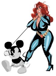 anthro big_breasts bitch_taken_for_walk black_widow_(marvel) bodysuit bondage breasts cleavage clothing collar crossover disney high_heels huge_breasts leash marvel mickey_mouse natasha_romanoff red_hair rough_sketch size_difference skin_tight superheroine thick_thighs tight_clothing venus_body white_background zetomeso