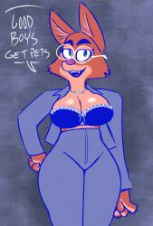 2021 anthro bra brown_fur cleavage clothed diane_foxington dreamworks duskcy female female_only fox glasses good_boy green_eyes office_lady text text_bubble