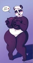 anthro bear big_breasts blush breast_squish breasts female giant_panda hi_res holding_breast huge_breasts lapinbeau mammal nude open_mouth open_smile simple_background smile solo squish sueli_(joaoppereiraus) ursid