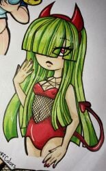 1girls artist_request cami_(fnafhs) cosplay demon demon_costume demon_girl demon_horns demon_tail devil_horns devil_tail fhs fhsz3r0 fnafhs fnafhs_z3ro fnafhsrule34 green_hair long_hair red_eyes red_fingernails small_breasts