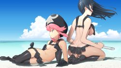 2girls ass back beach belt black_hair blue_eyes boots breasts cloud convenient_censoring female female_only gun hat holster human jakuzure_nonon kill_la_kill kiryuuin_satsuki kneeling light-skinned_female light_skin long_hair nudist_beach_uniform ocean on_side pink_eyes pink_hair pouch short_hair sideboob skull sky studio_trigger sweat thighhighs underboob yy-66