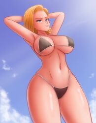 3d alternative_version_available android_18 beach black_bikini black_bra black_panties blonde_female blonde_hair blue_eyes breasts curves daytime detailed_background dragon_ball dragon_ball_z earrings female hands_behind_head high_resolution large_breasts light-skinned_female looking_at_viewer saf-404 safartwoks safartworks short_hair straight thick_thighs upper_body widescreen yellow_eyebrows