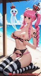1girls ai_generated bare_shoulders belly_button big_breasts black_thighhighs bow_panties bra breasts busty chest closed_mouth collarbone erect_nipples female_only garter_belt hard_nipples hi_res highres hips large_breasts lingerie long_hair midriff natsuyoru navel neck nipples ocean one_piece panties patreon perona pink_hair pink_panties sitting solo solo_female stomach tattoo thighhighs thighs underwear