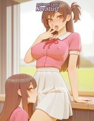 1futa 2025 2girls ai_generated artist_name blush breasts breasts breasts brown_eyes brown_hair bust chest covered_nipples curtains futanari hi_res high_quality high_resolution highres kanojo_okarishimasu licking licking_finger long_hair mizuhara_chizuru multiple_girls novalust one_side_up patreon patreon_username pink_shirt see-through stable_diffusion tongue tongue_out watermark wet_clothes yuri