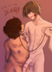2d 2d_(artwork) 2d_artwork ambiguous_gender androgynous balls ballsack belly belly_button big_dick big_penis bite_mark bite_marks bleeding_nose blood blood_on_face blood_splatter bloody bloody_nose brown_hair bruise bruised bruises chubby cock cocknix collar curly_hair dick drooling duo english english_text female glossy height_difference leash male nipples nonbinary penis saliva saliva_trail scars scars_on_thighs shiny_penis shiny_skin size_difference skinny straight_hair tongue tongue_out transmasc twink
