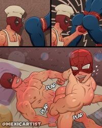 2boys apron balls bed_sex bent_over chef_hat deadpool deadpool_(series) gay gay_sex grin heart holding_balls holding_partner's_arm male marvel marvel_comics mask_only mexicartist nude nude_male onomatopoeia peter_parker spider-man spider-man_(series) spideypool tongue_out wade_wilson yaoi