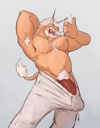 1_horn 5_fingers animal_genitalia animal_penis anthro barazoku beard belly belly_hair big_muscles biped bodily_fluids body_hair bottomwear brown_penis chest_hair closed_eyes clothed clothed_anthro clothed_male clothing daddicorn_(dullaram) digital_media_(artwork) dullaram equid equine equine_genitalia equine_penis erection erection_under_clothing eyebrows facial_hair fingers fur genital_fluids genitals grey_background hair hairy hand_behind_head handwritten_text hi_res horn humanoid_hands male male_anthro mammal mane manly mature_anthro mature_male medial_ring monotone_background musclegut muscular muscular_anthro muscular_male mythological_creature mythological_equine mythology navel open_mouth pants pecs penis pink_tongue portrait precum precum_through_clothing pubes raised_arm shaded simple_background solo standing sweatpants tail teeth text three-quarter_portrait three-quarter_view tongue topless topless_anthro topless_male unicorn wet wet_clothing white_armpit_hair white_beard white_body white_eyebrows white_facial_hair white_fur white_hair white_mane white_pubes white_tail yawn