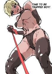 1boy 1girls abs arm_behind_back belly_button big_breasts black_bra black_gloves black_panties black_stockings black_underwear blonde_hair blonde_hair_female bra breasts collar english_text female female_only femdom garter_belt garterbelt gloves hi_res leash long_gloves low-angle_view male mole original original_character panties partially_clothed_female pizzlet pov short_hair short_hair_female sketch stockings string_bra string_panties text underwear_only