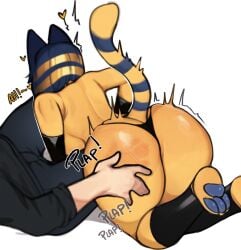 animal_crossing ankha_(animal_crossing) anthro ass big_butt blue_hair bob_cut bottomwear breasts butt_slap cat_tail clothing denim denim_bottomwear denim_clothing domestic_cat duo egyptian felid feline felis female female_focus fur hair hand_on_butt heart_symbol hi_res huge_butt jeans male male/female mammal markings moan nintendo pants paws plap rear_view samma samma9 shaking shivering simple_background slap smacking_ass spank_marks_on_ass spanked_butt spanking spanking_focus striped_markings striped_tail stripes tail tail_markings white_background yellow_body yellow_fur