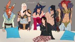 2boys 4girls ahri ahri_(league_of_legends) archer armor artist_self-insert ashe_(league_of_legends) aurora_(league_of_legends) bad_anatomy basic_background big_breasts bikini_armor bisexual bisexual_female black_hair blue_eyes blue_hair breasts brown_eyes brown_hair buff bunny_ears bunny_girl cat_ears chest cicerwoah cleavage clothed clothing consent_is_hot corrupted_arm corruption couch female female_artist female_focus female_sub fox_ears fox_girl fox_tail funny furry gangbang ginger_hair gray_eyes hazel_eyes hoodie implied_gangbang implied_sex implied_yuri kayn kemono kemonomimi kitsune league_of_legends mage male married_female married_woman meme piper_perri_surrounded realistic_breast_size realistic_proportions red_hair revealing_clothes riot_games self_insert self_upload sett sfw sitting skirt slim_waist surrounded vastaya wedding_ring white_hair yellow_eyes yuri