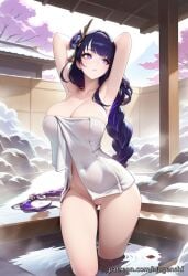 ai_generated armpits arms_up bottomless cherry_blossoms cleavage day expressionless female genshin_impact hair_ornament hands_behind_head looking_to_the_side mugenshi onsen outdoors patreon_username purple_eyes purple_hair pussy raiden_shogun reward_available rock self_upload solo steam thighs towel wading water
