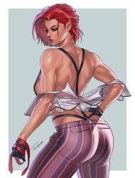1girls ass big_breasts black_gloves breasts dark-skinned_female dark_skin female from_behind gloves hand_on_hip king_of_fighters kof large_breasts mature_female milf necktie_removed no_bra off_shoulder open_vest pants purple_pants red_eyes red_hair sideboob snk solo striped_pants superbull suspenders toned toned_female vanessa_(kof) vest