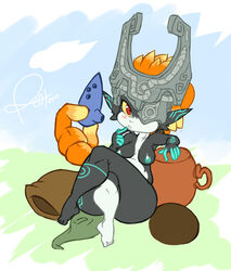 black_skin blush breasts crossed_legs female finger_to_mouth helmet imp imp_midna instrument legs_crossed long_hair midna nintendo nipples no_humans nude ocarina one_eye_covered orange_hair pizzacat pointy_ears prehensile_hair red_eyes sitting solo straight_hair the_legend_of_zelda thick_thighs thighs twili twilight_princess wide_hips yellow_sclera