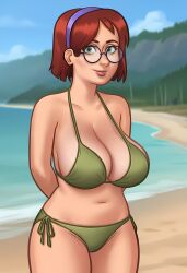 1girls 2d 2d_(artwork) ai_generated beach beach_background big_breasts bikini bikini_bottom bikini_top bra breasts civitai cleavage curvaceous curves curvy curvy_body curvy_figure curvy_hips daeisi digital_drawing_(artwork) female female_focus female_only glasses judith_(summertime_saga) light-skinned_female light_skin panties pose posing red_hair red_hair showing_off summertime_saga teenage_girl teenager thick_thighs