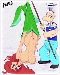 ariel breasts colored crossover disney disney_princess female fishing fishing_rod human julius_zimmerman male nipples pale_skin popeye popeye_(series) pwnd standing tagme tenting the_little_mermaid toony