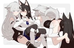 2girls animal_ear_fluff animal_ears arknights ass barefoot black_hair black_pantyhose blue_eyes boots bottomless breasts closed_eyes closed_mouth feet grabbing_another's_ass groping heart highres knees_up lappland_(arknights) large_breasts long_hair multiple_girls pantyhose pussy rezodwel scar scar_across_eye scar_on_face shirt sitting smile tail texas_(arknights) white_boots white_shirt wolf_ears wolf_girl wolf_tail yuri