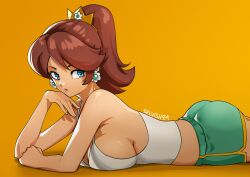 brown_hair laying_down mario_(series) nintendo orange_background ponytail princess_daisy selvish94 side_view sideboob tagme tank_top tiara