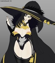 1girls almost_nude areolae armwear big_breasts binah binah_(project_moon) black_hair boobs_bigger_than_head breasts breasts_focus cedric_dewitt earrings exposed_breasts female female_focus female_only juicy_lips library_of_ruina lobotomy_corporation mantle nipples project_moon serious serious_look sleeves stocking tearing_clothes thighhighs thighs witch witch_costume witch_hat