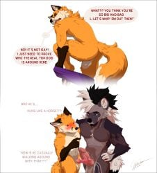 absurd_res animal_genitalia anthro anthro_on_anthro balls big_balls big_penis blush body_hair brown_body brown_fur canid canine clothing comparing comparing_penis comparison dominant dominant_male duo embarrassed erection fox fur genitals hair hi_res humiliation humiliation_fetish hyena knot knotted_penis lying male male/male malyx mammal nude nude_anthro nude_male orange_body orange_fur penis penis_humiliation sheath size_difference size_shaming small_penis_humiliation smaller_male submissive submissive_anthro submissive_male trevor_(malyxtheyeen) undressing wolfs-niper