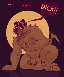 2022 anthro belly big_belly black_eyebrows black_nose brown_body brown_fur brown_tail canid canine chocolateandmilk dated english_text erection eyebrows floppy_ears fur hi_res kneeling male male_only mammal moobs narrowed_eyes nipples nude open_mouth overweight overweight_anthro overweight_male signature simple_background solo speech_bubble tail text tongue tongue_out