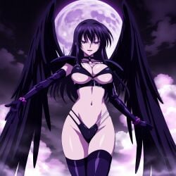 high_school_dxd raynare amano_yuuma black_hair long_hair hourglass_figure ass ass_focus thong latex latex_clothing latex_thighhighs thighhighs stockings latex_gloves elbow_gloves gloves angel_wings fallen_angel black_wings black_feathers bondage_gear bondage_outfit chains posing moon front_view wristband harness shoulder_pads evil_smile evil ai_generated latex_stockings latex_bra bra wings yoruakari