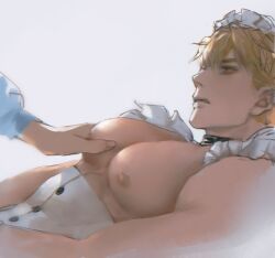 1boy ambiguous_gender blonde_hair brown_eyes choker crossdressing maid maid_headdress male_focus male_only muscular muscular_male nipples nu:_carnival pecs quincy_(nu:_carnival) revealing_clothes s5-hvs1 simple_background solo_focus white_background