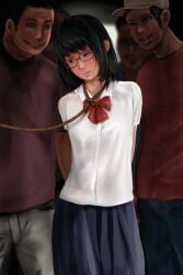 1girls animated black_hair black_skirt blush bowtie breasts crying female female_focus female_pubic_hair gif glasses grey_bra grey_panties horo-horo humiliation id_card leash multiple_males nipple_piercing nipples original original_character piercing pubic_hair pussy rope_around_neck school_uniform schoolgirl slideshow small_breasts sports_bra sports_panties undressing white_shirt white_uniform