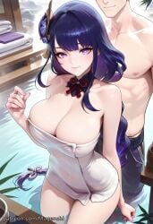 1boy ai_generated cleavage day detached_collar female genshin_impact hair_ornament hand_up light_smile male mixed_bathing mugenshi muscular muscular_male onsen outdoors patreon_username purple_eyes purple_hair raiden_shogun reward_available self_upload shirtless_male steam straight towel wading water