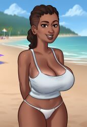 1girls 2d 2d_(artwork) ai_generated beach beach_background big_breasts breasts brown_hair brown_hair cameltoe civitai cleavage curvaceous curves curvy curvy_body curvy_figure curvy_hips daeisi dark-skinned_female dark_skin digital_drawing_(artwork) female female_focus female_only ms._dewitt_(summertime_saga) panties pose posing shirt showing_off summertime_saga tank_top thick_thighs underwear
