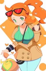 big_breasts blush breasts cleavage coat collarbone commentary cute denim english_commentary eyewear_on_head female green_eyes hair_ornament heart heart_hair_ornament highres jeans jellcaps large_breasts leaning_forward long_hair long_sleeves looking_at_viewer navel orange_hair pants parted_lips pokemon pokemon_(creature) pokemon_ss pokemon_swsh side_ponytail sonia_(pokemon) sunglasses tail tail_wagging wholesome yamper