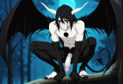 abs ai_generated aroused barefoot big_penis black_claws black_fur black_hair black_wings bleach cock crouched crouching demon demon_boy devil_tail exposed_penis gold_eyes horns huge_cock lean_muscle male male_only muscles night on_tree outdoors pecs penis precum spooky toe_claws tree ulquiorra_cifer white_skin wood