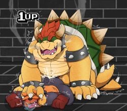 1up 2boys accessory anal anal_orgasm anal_sex anthro anthro_on_anthro ass bear belly black_bear black_body black_fur bodily_fluids bowser breath clothing cock_ring collar cum cum_from_ass cum_in_ass cum_inside cum_on_butt cum_splatter dialogue dominant dominant_male drool_pool drooling duo dusk_(moonbeardusk) ejaculation emanata english_text from_behind_position fucked_silly fur furry furry_male furry_only gameplay_mechanics gay gay_sex genital_fluids growling hands-free hat hat_over_eyes head_grab head_push headgear headwear hi_res jewelry jockey_position koopa life_(gaming) looking_pleasured lying male male/male mammal mario_(series) moan moon_bear moonbeardusk nintendo nipple_piercing nipples on_front onomatopoeia orgasm orgasm_face overweight overweight_dom overweight_male overweight_top panting penetration penile penile_penetration penis penis_accessory penis_in_ass penis_jewelry piercing prone_bone_position red_hair reptile saliva scalie sex size_difference smaller_penetrated smoke smoke_from_mouth sound_effects spiked_collar spikes tail tail_motion tail_slap text ursine