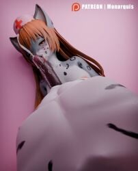 3d_(artwork) anthro bodily_fluids cum cum_in_mouth cum_inside cum_on_face cum_on_penis digital_media_(artwork) ejaculation felid fellatio female first_person_view genital_fluids genitals hi_res licking looking_at_viewer male male/female mammal momo_(monarquis) monarquis nude oral pantherine penile penis sex simple_background snow_leopard tongue white_body