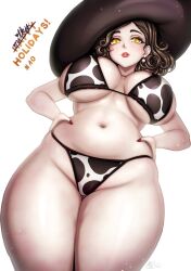 1girls alcina_dimitrescu big_breasts bikini bikini_bottom bikini_top black_hair bottomwear breasts capcom cow_print cow_print_bikini english english_text female female_only grey_body grey_skin hair hands_on_hips hat headwear huge_breasts lips mature mature_female mature_woman milf mother nail_polish nails red_nail_polish red_nails resident_evil resident_evil_8:_village sevie solo solo_female swimwear text thick_thighs thighs topwear white_nails yellow_eyes