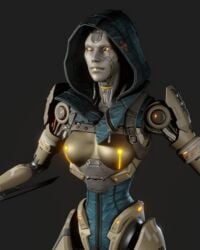 breasts female glowing hood medium_breasts solo yellow_eyes