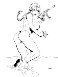 ass braid breasts eso2001 female female_only holding_gun human lara_croft lara_croft_(classic) monochrome partially_submerged side_view solo tagme thong tomb_raider topless