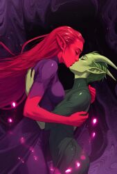 ai_generated alien_girl animated closed_eyes embrace ethereal female_only fully_clothed green_hair green_skin horns kissing long_hair married_couple red_hair red_skin romantic short_hair tagme video wholesome wife_and_wife yuri