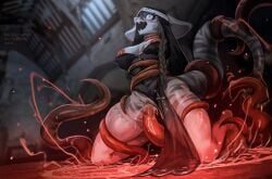 balls big_breasts blue_eyes breasts church cobra female furry kaisaria magic male nipples nun_outfit pussy red_gloves ritual scalie solo tail testicles vaginal_penetration white_hair