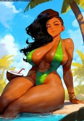 1girls 2d ai_assisted ai_generated artist_name bare_legs breasts dark-skinned_female dark_skin digital_drawing_(artwork) erotic_nansensu female female_focus female_only large_breasts laura_matsuda looking_at_viewer midriff outdoors patreon_username plunging_neckline solo street_fighter street_fighter_v swimsuit thick_thighs thighs watermark wet_skin wide_hips