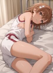 1girls 2020s 2025 adolescent ai_generated ass bare_legs bed blush brown_eyes brown_hair crossed_arms female flower gym_uniform hair_flower hair_ornament head_on_pillow hi_res indoors looking_at_viewer lying matching_hair/eyes misaka_mikoto on_bed on_side parted_lips pillow schoolgirl seductive short_hair shorts sleeveless solo student teenage_ass teenage_girl teenager teeth thick_thighs to_aru_kagaku_no_railgun to_aru_majutsu_no_index tokiwadai_school_gym_uniform young young_female
