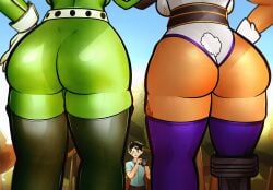 1boy 2girls admiring amputee arkeus arkeus_165 ass big_ass big_butt boku_no_hero_academia burn_scar dark-skinned_female female heroine izuku_midoriya leotard male mirko miruko my_hero_academia posing posing_for_picture prosthetic prosthetic_arm rumi_usagiyama scar skintight staring taking_picture tsuyu_asui