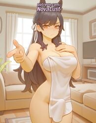 1futa 2025 ai_generated animal_ears artist_name atago_(azur_lane) azur_lane bangs big_breasts big_chest black_hair blush breasts bust busty chest curtains extra_ears eyebrows_visible_through_hair futanari hair_ribbon hi_res high_quality high_resolution highres indoors large_breasts long_hair looking_at_viewer mole mole_under_eye novalust patreon patreon_username pointing pointing_at_viewer ribbon solo stable_diffusion towel watermark white_ribbon window