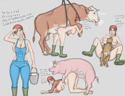 1girls 3boys all_fours anal anal_insertion anal_sex animal_genitalia animal_penis bovine breasts canid canine canine_genitalia canine_penis canis clothed clothed_female clothed_sex clothing cum cum_in_pussy cum_inside doggy_style domestic_dog farm farmgirl female grey_background knot knotted_penis knotting male male/female mastak medium_breasts original original_character penis pig pussy sex sex_from_behind simple_background vaginal_insertion vaginal_penetration vaginal_sex zoophilia