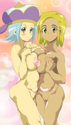 2girls angol_mois artist_request ass big_breasts blonde_hair blue_hair breasts brown_hair butt female female_only hat keroro_gunsou light_skin looking_at_viewer multiple_girls nipples nude pussy ryu_mage selfcest smile tan tan_skin