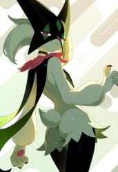 absurdres artist_name ass black_choker body_fur choker claws closed_mouth commentary english_commentary female from_behind furry furry_female green_fur highres looking_at_viewer meowscarada nintendo otokakoto pokemon pokemon_(creature) red_eyes solo standing tail