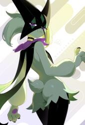 absurdres artist_name ass black_choker body_fur choker claws closed_mouth commentary english_commentary female from_behind furry furry_female green_fur highres looking_at_viewer meowscarada nintendo otokakoto pokemon pokemon_(creature) purple_eyes red_eyes solo standing tail