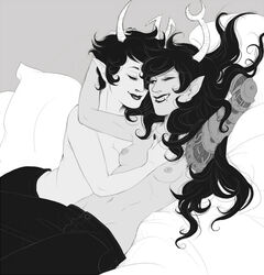 2girls bed_sheet black_hair black_lips black_nails breasts closed_eyes cuddling duo fangs female fletsch grey_background homestuck horns ivalisian kanaya_maryam long_hair ms_paint_adventures multiple_girls nipples pants pillow pointy_ears robotic_arm sharp_teeth short_hair smile troll valdgeist vriska_serket wholesome yuri