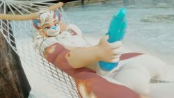 16:9 3d_(artwork) anthro balls big_balls big_penis blue_eyes blue_penis bodily_fluids canid canine canis charleskirbyiii chest_tuft coffeesoda_(fursona) digital_media_(artwork) erection fur genital_fluids genitals hair hammock hand_behind_head hi_res huge_balls humanoid_genitalia knot knotted_penis leaking_precum looking_at_viewer lying male mammal masturbation neck_tuft nonbinary_(lore) nude on_back penis precum smile solo tuft widescreen