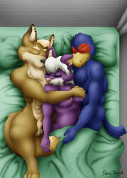 3_toes anthro barefoot bed beige_fur beige_hair black_nose blanket breasts cat closed_eyes closed_mouth color falco_lombardi feline female fox fox_mccloud fur furry furry_breasts furry_ears furry_tail hair in_bed indoors katt_monroe lying male mammal multiple_males nintendo nipples nude on_back on_side patrick_foxchild pheasant pillow pink_nose pointy_ears purple_fur sleeping star_fox straight tail tan_fur testicles white_fur white_hair