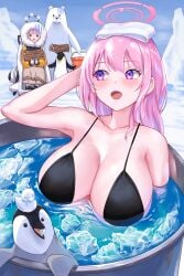 big_breasts bikini blue_archive blush breasts cold eimi_(blue_archive) eimi_(swimsuit)_(blue_archive) female high_resolution himari_(blue_archive) huge_breasts ice noomaru_(nomorepeople) penguin pink_hair snow swimsuit video_game_character water wood
